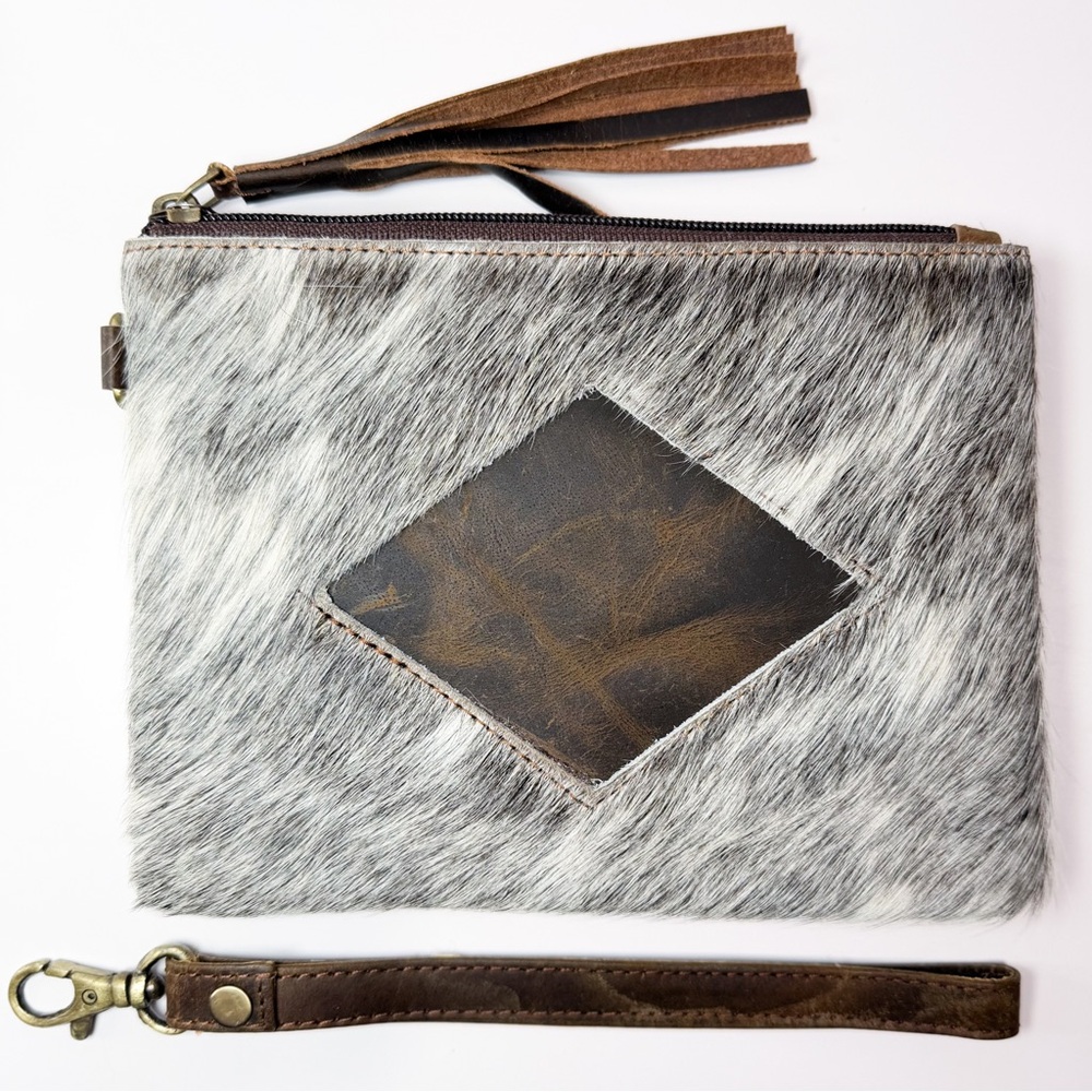 Gray and White Hair-on Leather Wristlet Clutch with Brown Diamond Accent